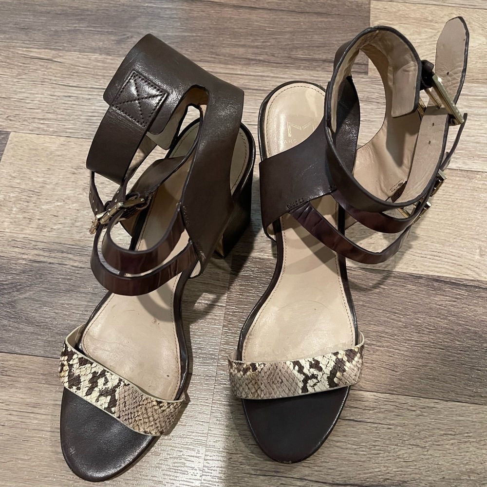 Marc Fisher Brown Snake-Print Ankle Strap Heels